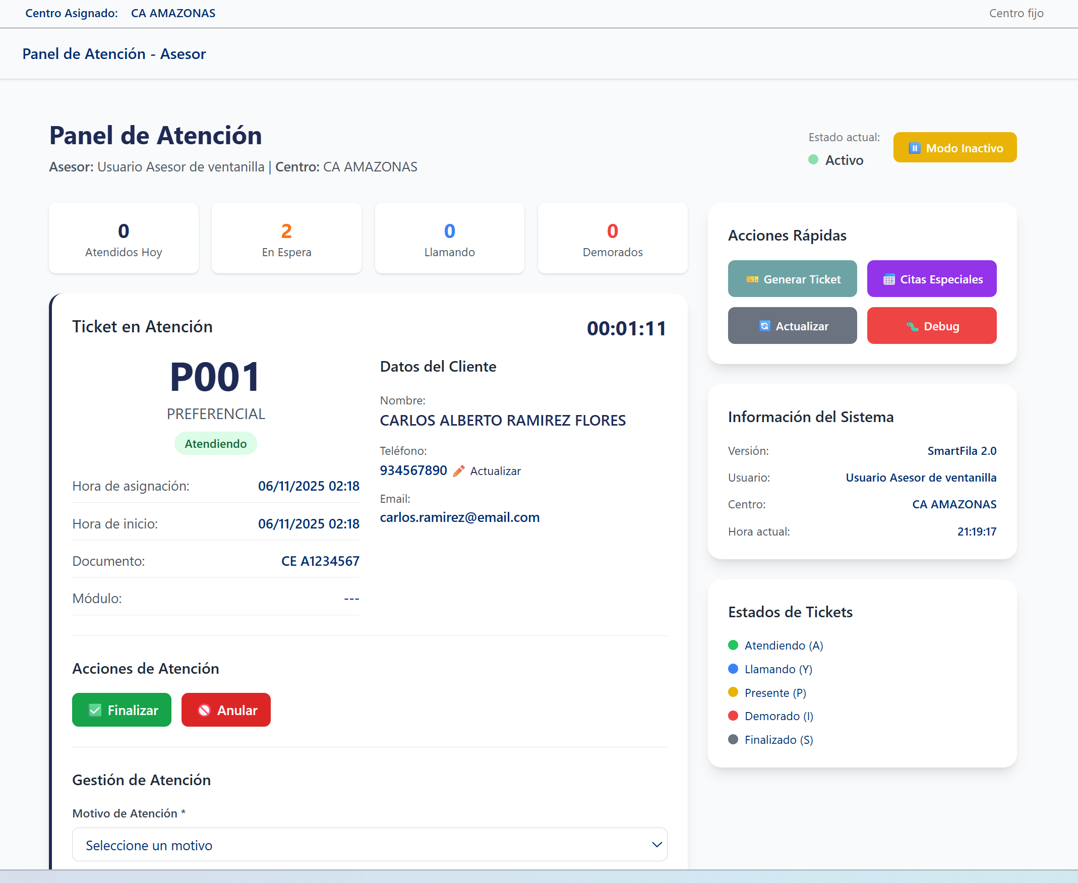 Dashboard principal del sistema de gestión de colas Core Soft
