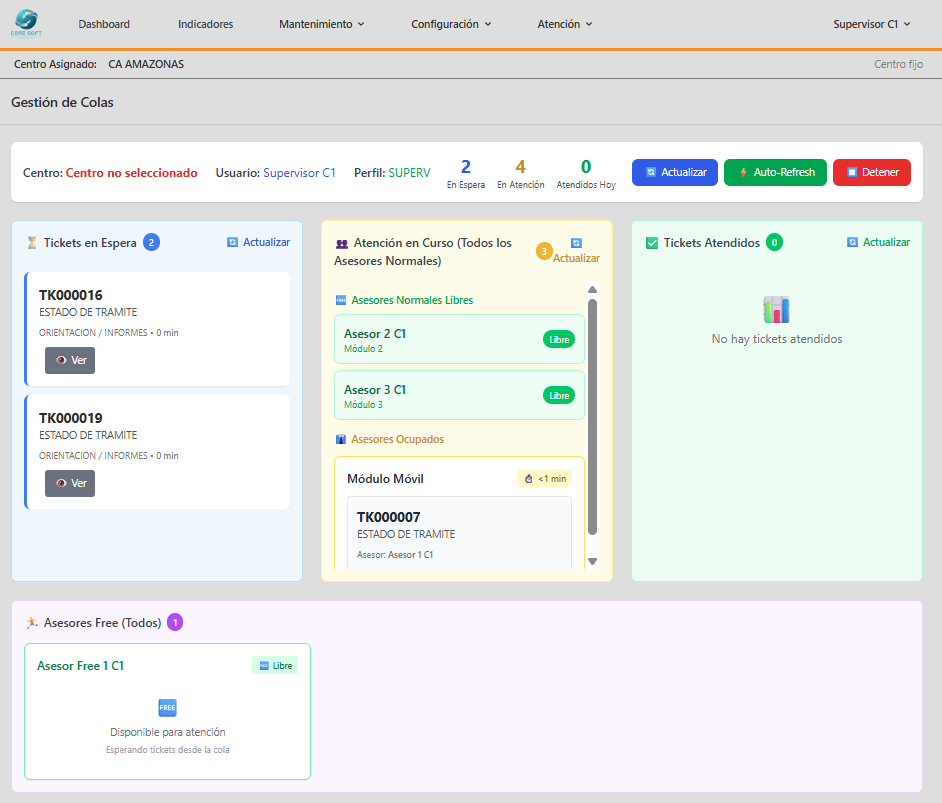 Demo interactiva del sistema de gestión de colas Core Soft
